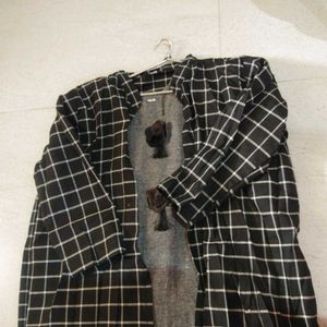 Chic Checkered Shrug with Gray Dress