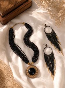 Boho Black Beaded Necklace &amp; Earring Set