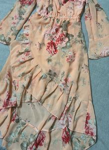 Floral Off-Shoulder Ruffle Dress and peach kurti