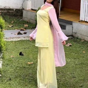 Elegant Yellow Kurta Set with Pink Dupatta