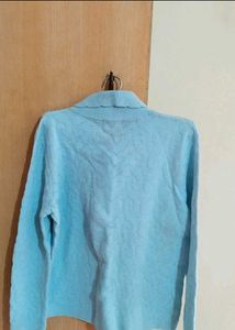 Light Blue Collared Knit Cardigan Sweater