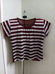 Maroon &amp; White Striped T-Shirt For Women