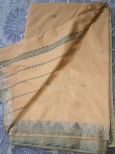 Elegant Peach Saree with Silver Border