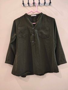 Korean Style Olive Green Collared Tunic Top