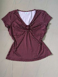 Maroon Polka Dot V-Neck Top with Front Ring Detail