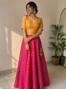 Yellow &amp; Pink Brocade Lehenga Set