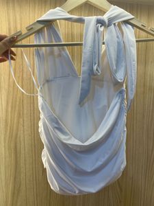 ZARA Chic White Halterneck Ruched Crop Top