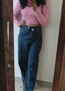 Pink Ribbed Cropped Long Sleeve Top