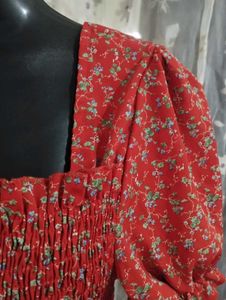 Red Floral Smocked Square Neck Top