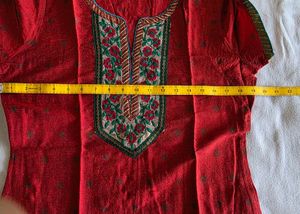 Red Printed Kurta with Embroidered Neck
