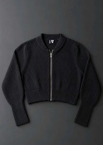 BLACK RIBBED ZIP-UP CROPPED BOMBER JACKET