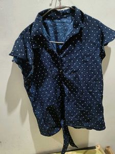 Navy Blue Polka Dot Flutter Sleeve Top