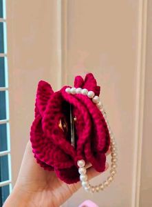 Crochet Unique Rose Clutch Bag with Pearl Handle