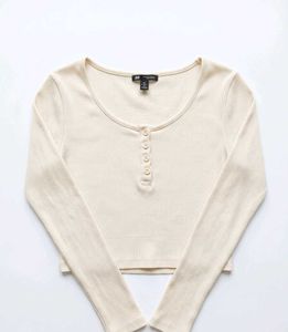 Cream Ribbed Henley Long Sleeve Top