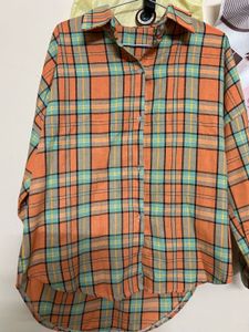 Orange Plaid Button-Up Shirt