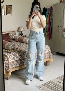 Branded Ripped Wide Leg Jeans