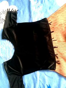 Elegant Black &amp; Peach Textured Flared Long Dress