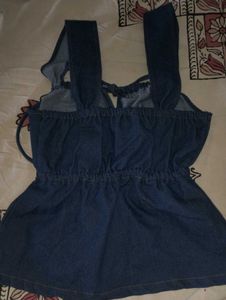 Square Neck Bowknot Shirred Demin Crop Tank Top