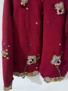Red Knitted Cardigan with Embroidery