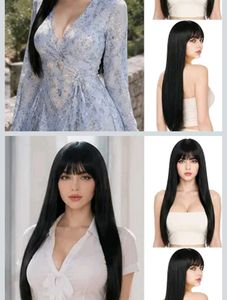Long Black Wig with Bangs