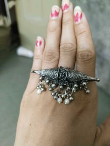 Boho Oxidized Silver Ring with Pearls