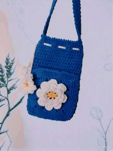 Handmade Blue Crochet Bag with Flowers