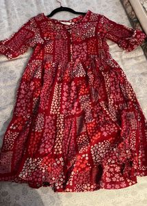 Red Floral Tiered Midi Dress
