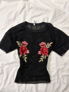 Sheer Black Rose Embroidered Top