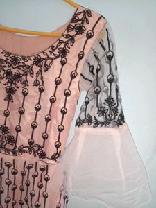 Peach &amp; Black Embroidered Anarkali Gown with dupat
