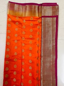 Orange Banarasi Silk Saree With Pink Border