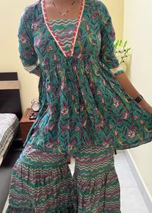 Green Block Print Kurta with Sharara Pants