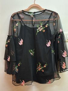Chic Black Embroidered Mesh Top