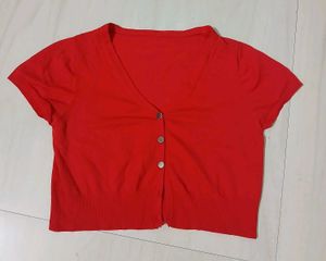 Red Button-Up Cropped Cardigan
