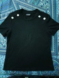 Black Ribbed Top with Button Detail