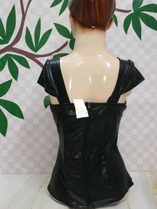 (1126)Black &amp; Gold Faux Leather Corset Top