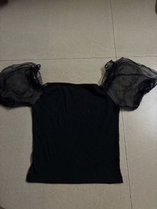 Chic Black Top with Sheer Puff Sleeves