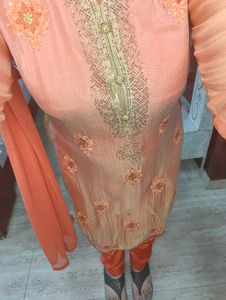Peach Embellished 3 Pcs Kurta Set With Free Gift