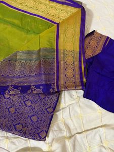 Vibrant Green &amp; Purple Silk Saree