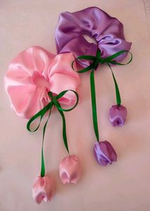 Cute Satin Scrunchies with Tulip Charms(set of 2)