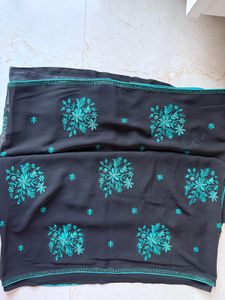 Embroidered Black Chiffon Saree