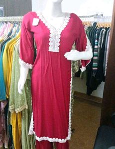 Maroon Kurta Set with White Lace Trim