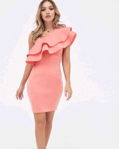 Coral One-Shoulder Ruffle Dress