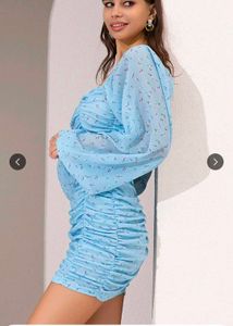 Aqua Blue Ruched Mini Dress with Statement Sleeves