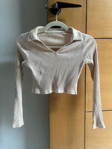 Ribbed Collared Long Sleeve Crop Top