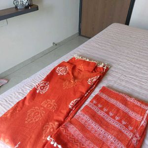 Orange Block Print Kurta Set with Dupatta