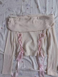 Cream Off-Shoulder Ribbed Top with Pink Laces
