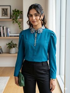 Elegant Teal top with Embellished Collar