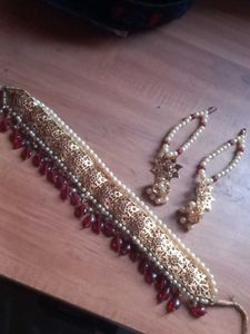 Elegant Red & Gold Choker Necklace Jadavi Set