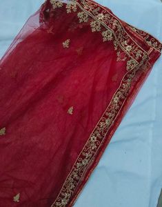 Bridal Red Embroidered Net Dupatta