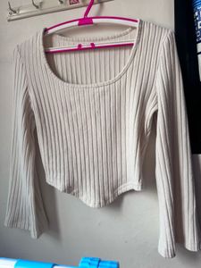 Ribbed White Cropped Top with Bell Sleeves